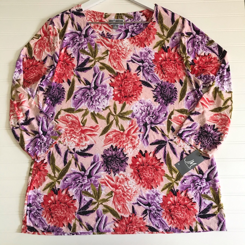 JM Collection Floral Print Embroidered Top Size XL - Picture 8 of 11